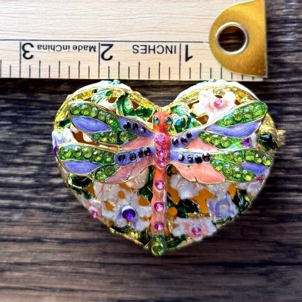Dragonfly Heart Enamel Trinket Box Hinged Mini Jewelry Box 2.5